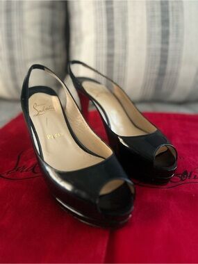 Christian Louboutin Black Patent Peep-Toe Slingback Pumps with Red Dust Bag